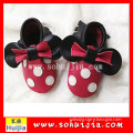 2015 New Fashion Trendy christmas black and red dot big bow moccasins soft flat handmade leather baby shoes
